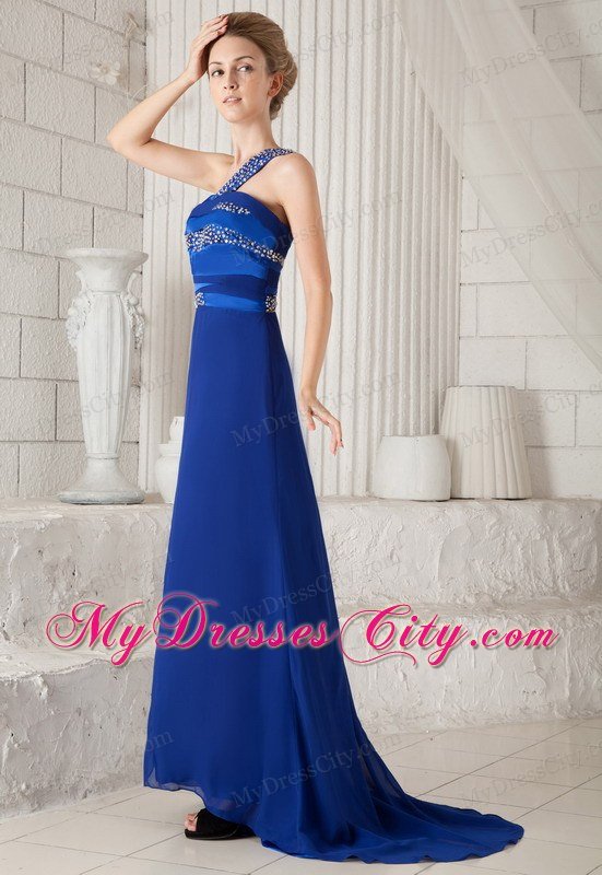 Blue One Shoulder Brush Train Beaded Cutout Back Prom Dress