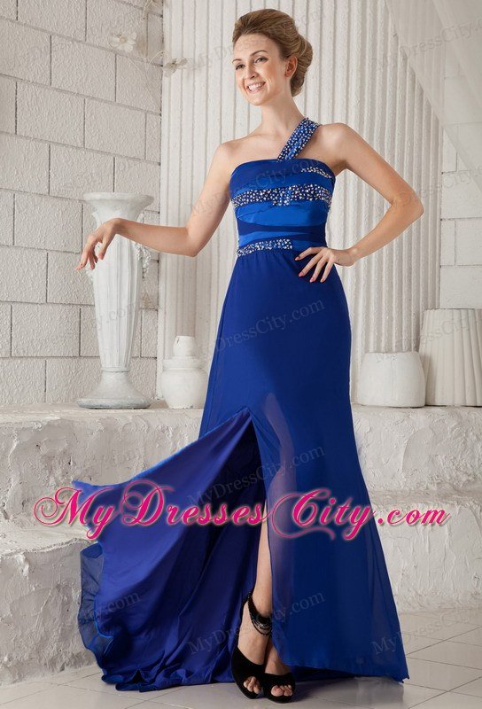 Blue One Shoulder Brush Train Beaded Cutout Back Prom Dress