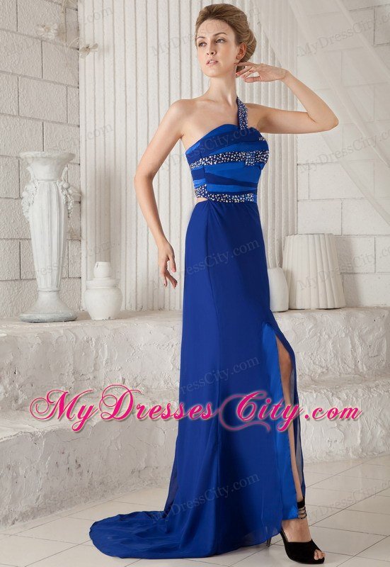 Blue One Shoulder Brush Train Beaded Cutout Back Prom Dress