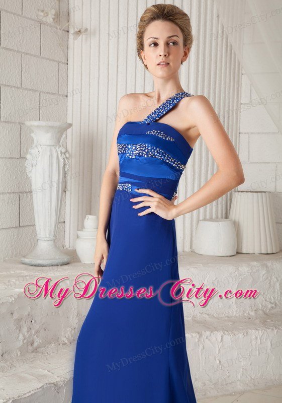 Blue One Shoulder Brush Train Beaded Cutout Back Prom Dress