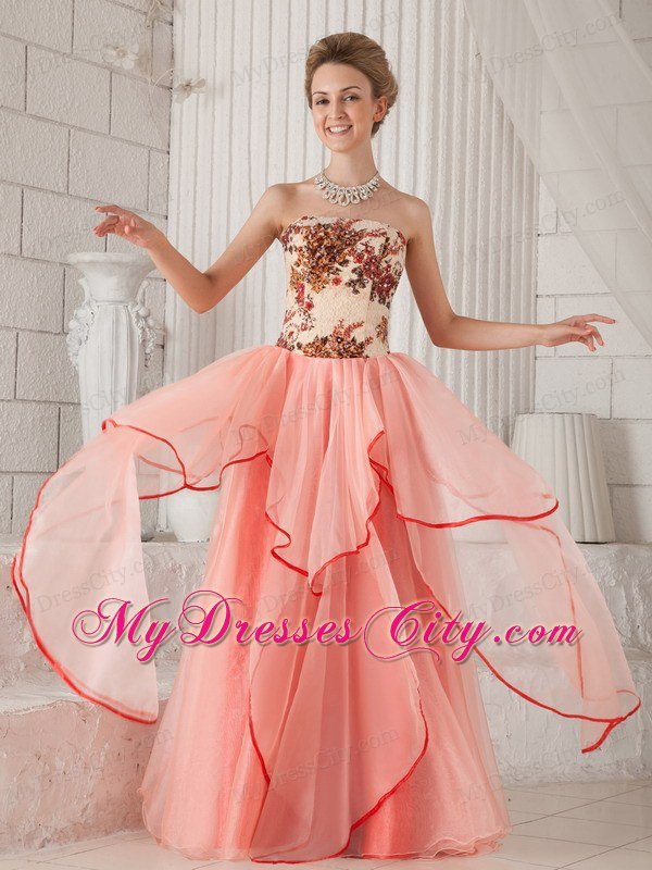 Watermelon Column Strapless Organza Appliques Dress for Prom