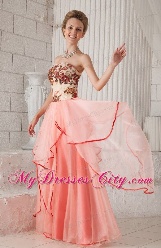 Watermelon Column Strapless Organza Appliques Dress for Prom