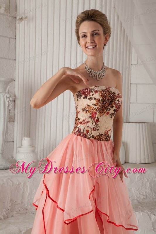 Watermelon Column Strapless Organza Appliques Dress for Prom