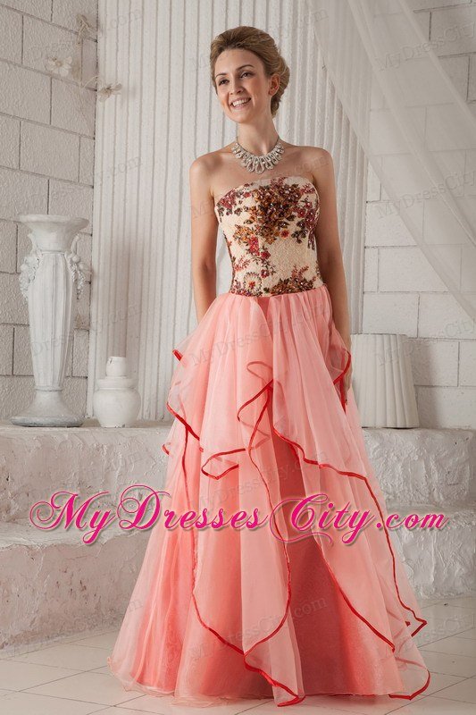 Watermelon Column Strapless Organza Appliques Dress for Prom