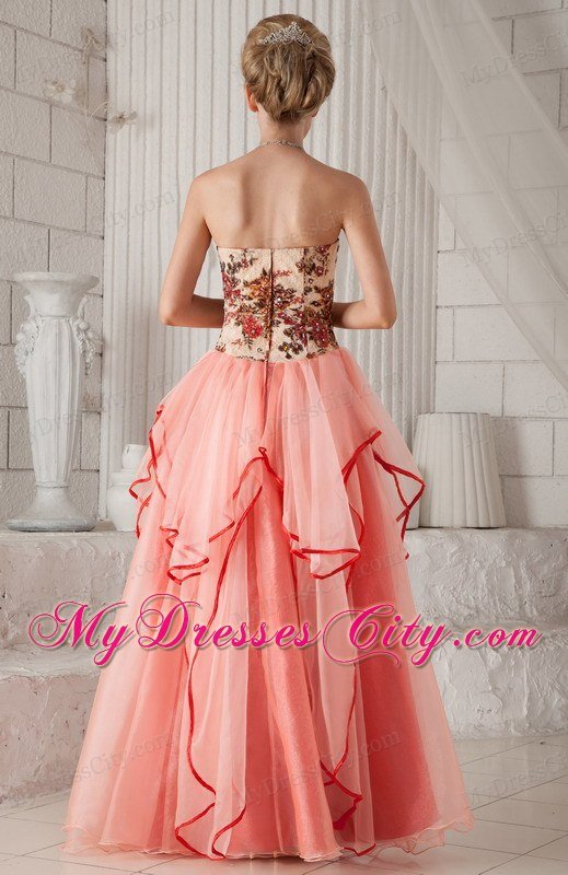 Watermelon Column Strapless Organza Appliques Dress for Prom