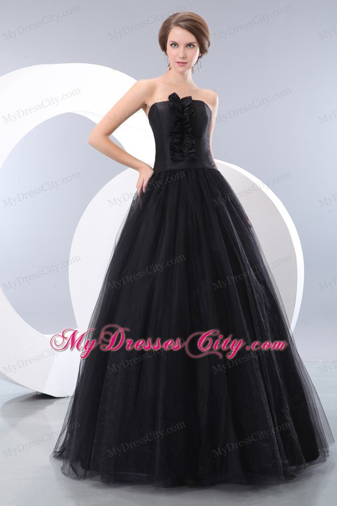 Black Tulle Floor-length A-line Strapless Junior Prom Dress