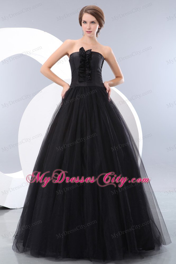 Black Tulle Floor-length A-line Strapless Junior Prom Dress