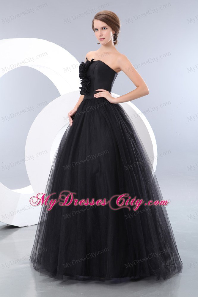 Black Tulle Floor-length A-line Strapless Junior Prom Dress