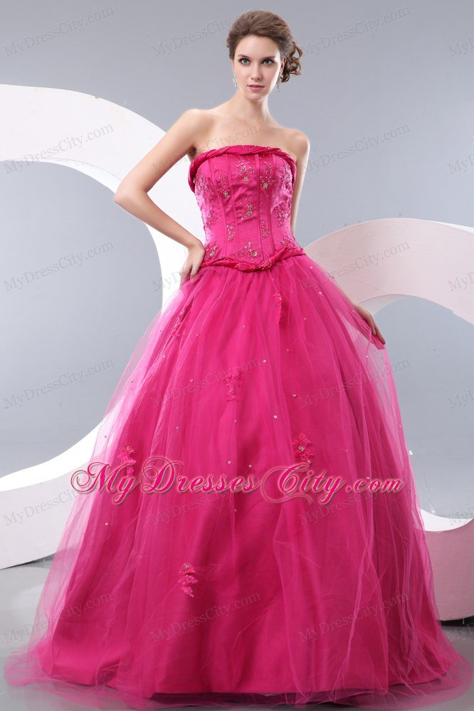 Unique Hot Pink A-line Strapless Long Prom Dress with Beading