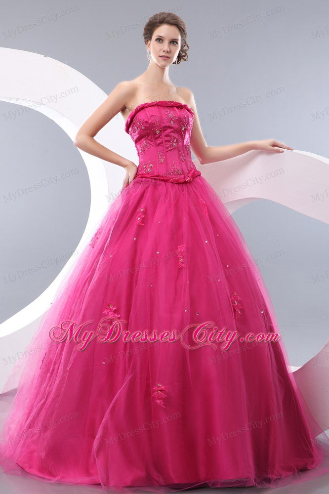 Unique Hot Pink A-line Strapless Long Prom Dress with Beading