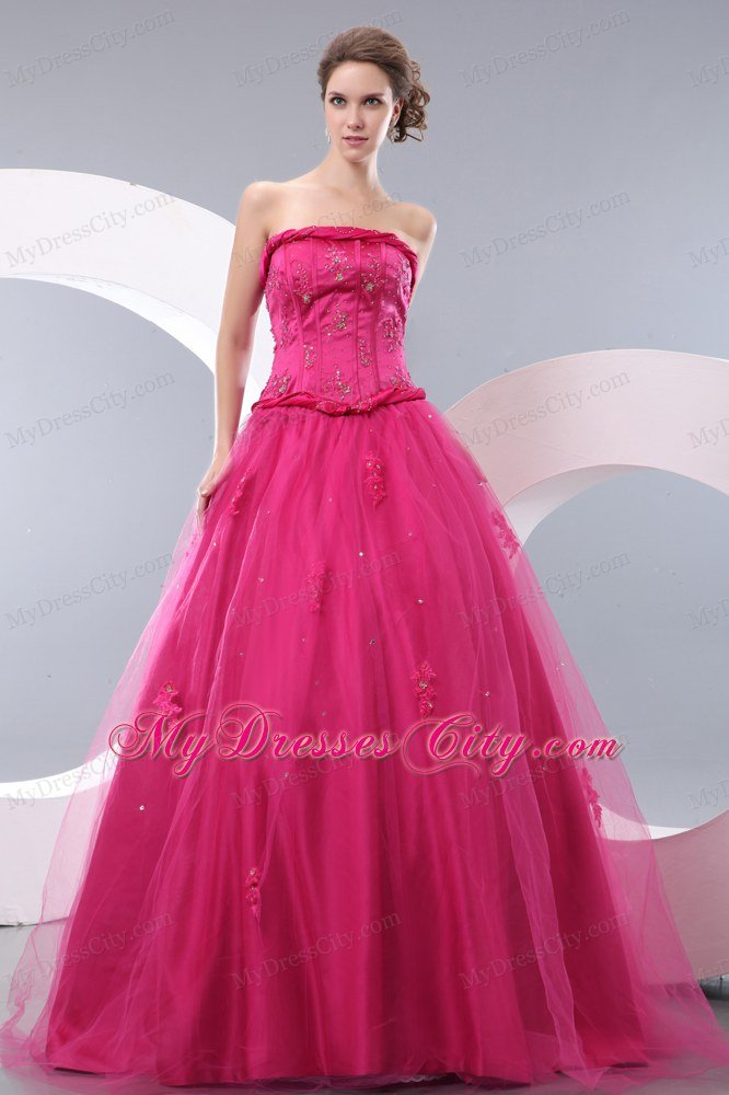 Unique Hot Pink A-line Strapless Long Prom Dress with Beading