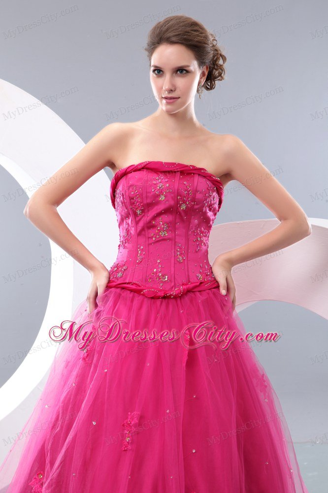 Unique Hot Pink A-line Strapless Long Prom Dress with Beading