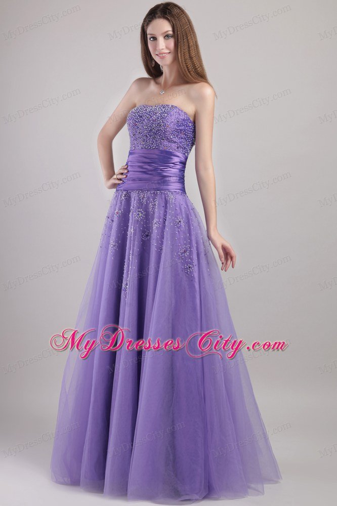 Lilac Tulle Empire Strapless Floor-length Beaded Prom Dress