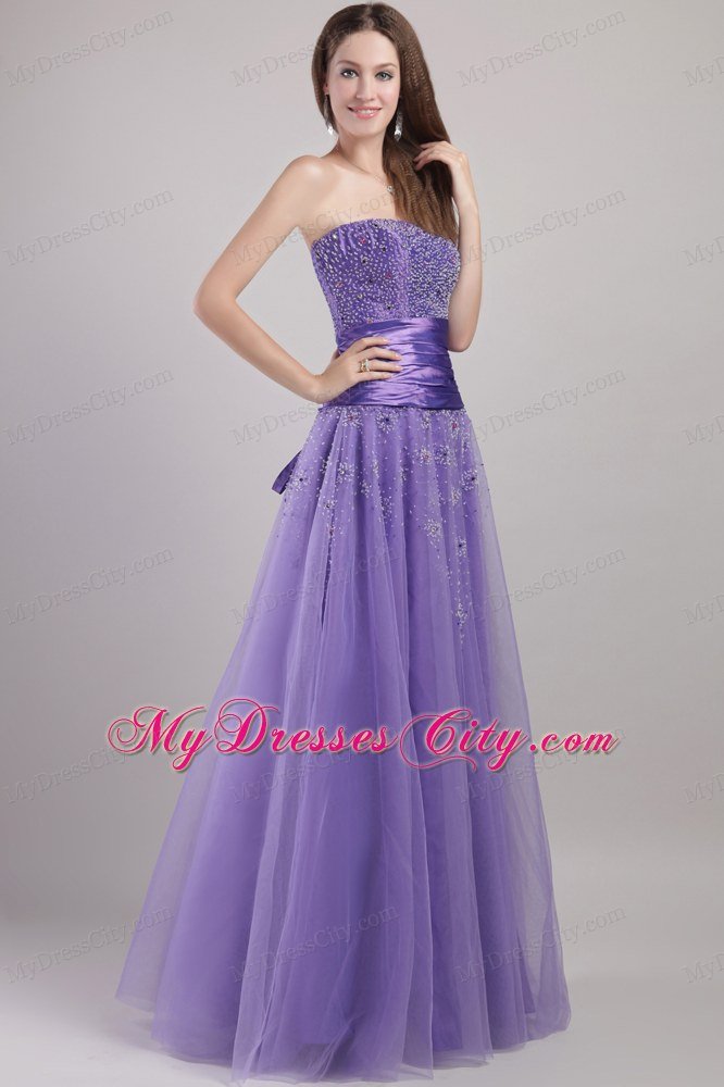 Lilac Tulle Empire Strapless Floor-length Beaded Prom Dress