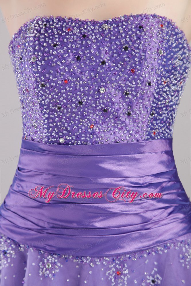 Lilac Tulle Empire Strapless Floor-length Beaded Prom Dress