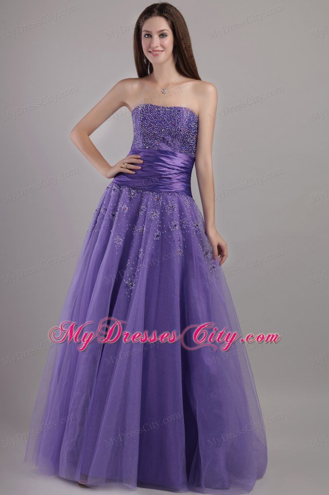 Lilac Tulle Empire Strapless Floor-length Beaded Prom Dress