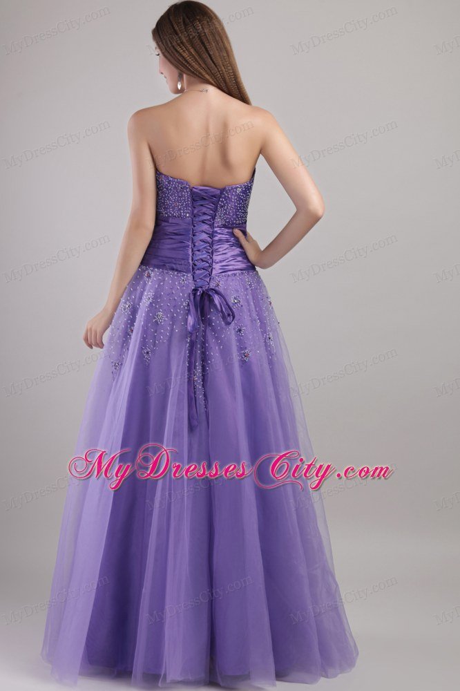 Lilac Tulle Empire Strapless Floor-length Beaded Prom Dress