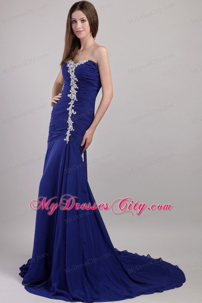 Blue Sweetheart Appliques Prom Dress with Chapel Train Chiffon