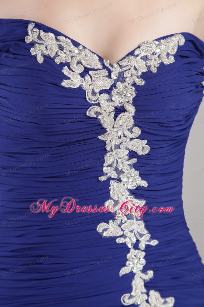 Blue Sweetheart Appliques Prom Dress with Chapel Train Chiffon