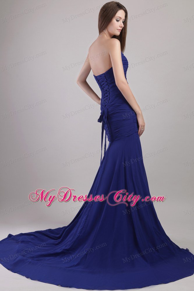 Blue Sweetheart Appliques Prom Dress with Chapel Train Chiffon