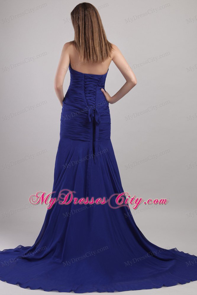 Blue Sweetheart Appliques Prom Dress with Chapel Train Chiffon