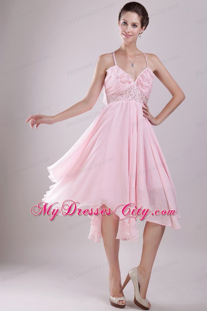 Spaghetti Straps Asymmetrical Pink Empire Prom Dress Chiffon