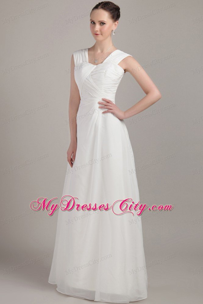 Straps White Empire Floor-length Chiffon Ruche Prom Dress