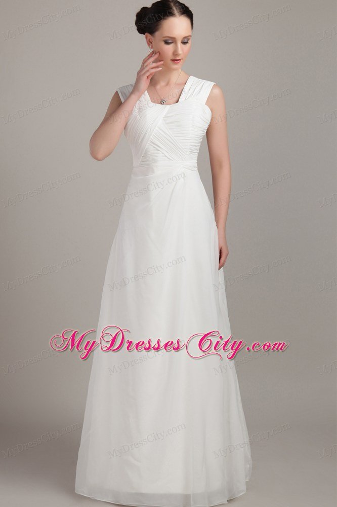 Straps White Empire Floor-length Chiffon Ruche Prom Dress