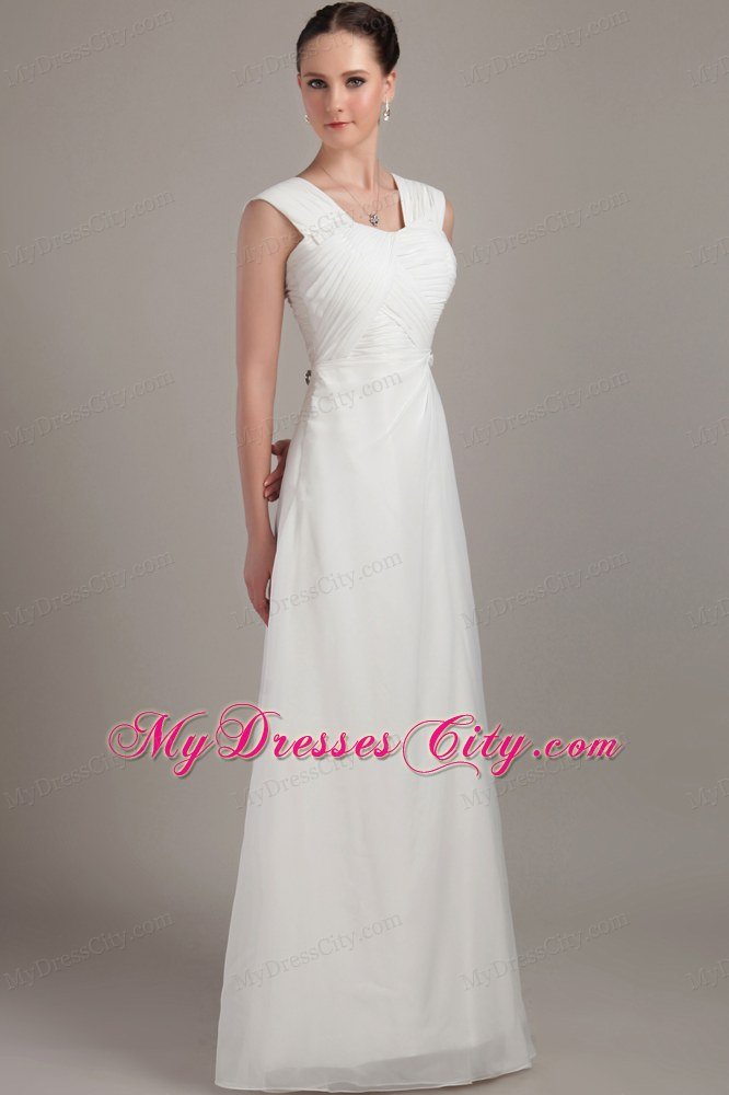 Straps White Empire Floor-length Chiffon Ruche Prom Dress