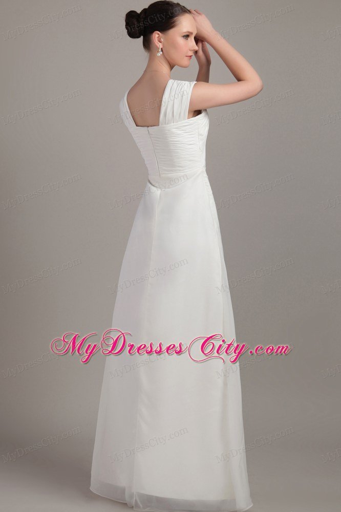 Straps White Empire Floor-length Chiffon Ruche Prom Dress