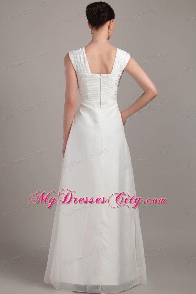 Straps White Empire Floor-length Chiffon Ruche Prom Dress