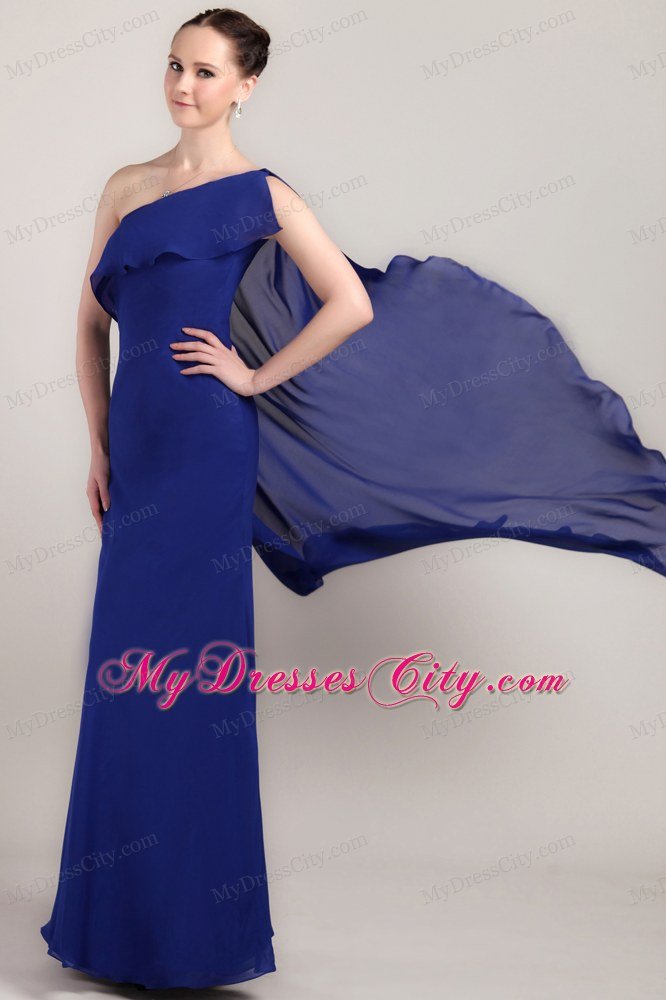 One Shoulder Blue Column Floor-length Chiffon Prom Dress