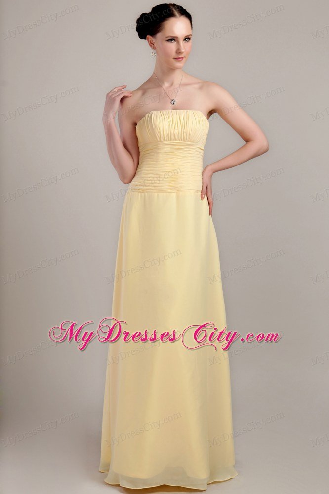 Light Yellow Column Strapless Floor-length Prom Dress Chiffon Ruche