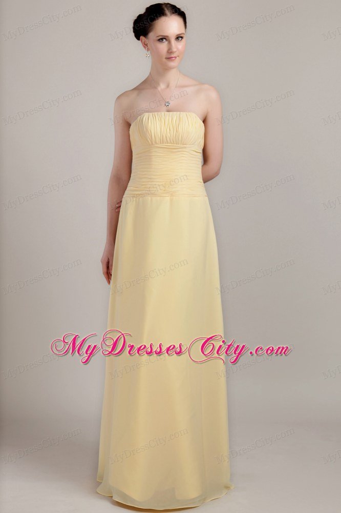 Light Yellow Column Strapless Floor-length Prom Dress Chiffon Ruche