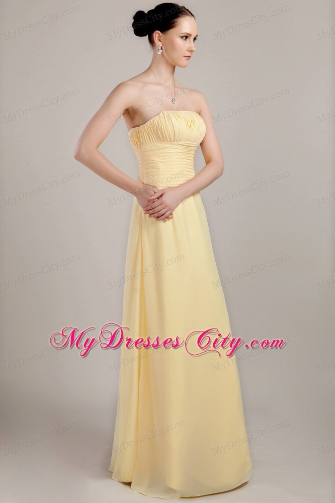 Light Yellow Column Strapless Floor-length Prom Dress Chiffon Ruche