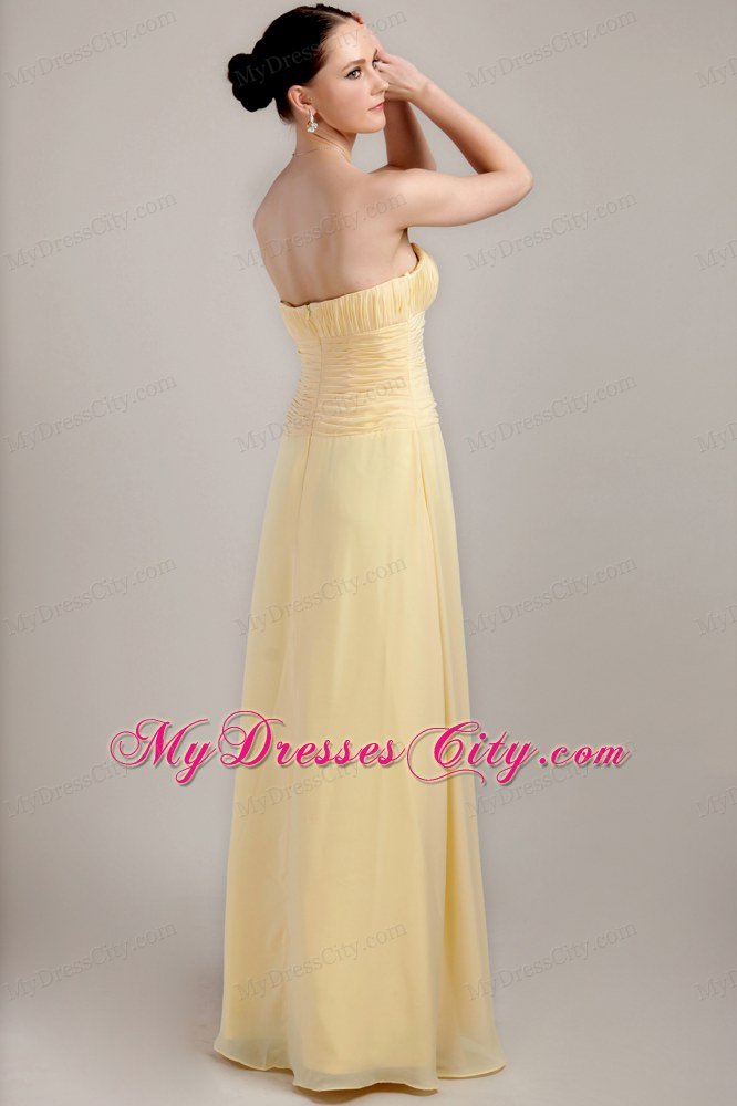 Light Yellow Column Strapless Floor-length Prom Dress Chiffon Ruche