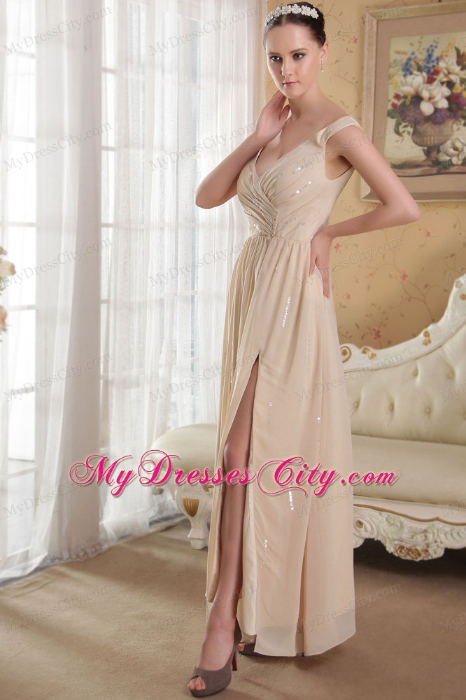 Straps V-neck Champagne Ankle-length Chiffon Sequins Prom Dress