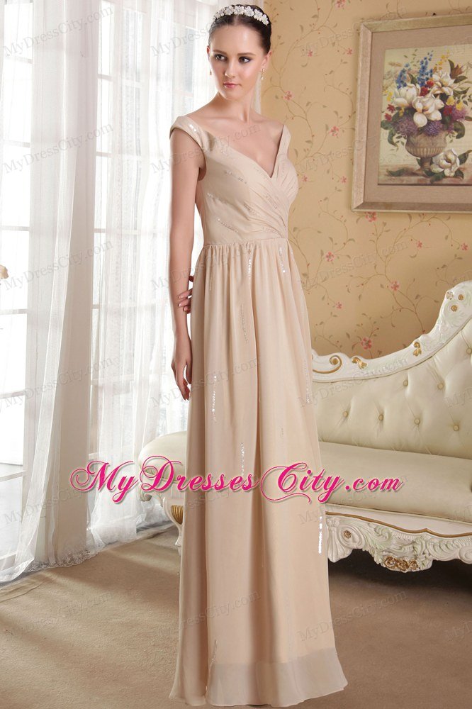 Straps V-neck Champagne Ankle-length Chiffon Sequins Prom Dress