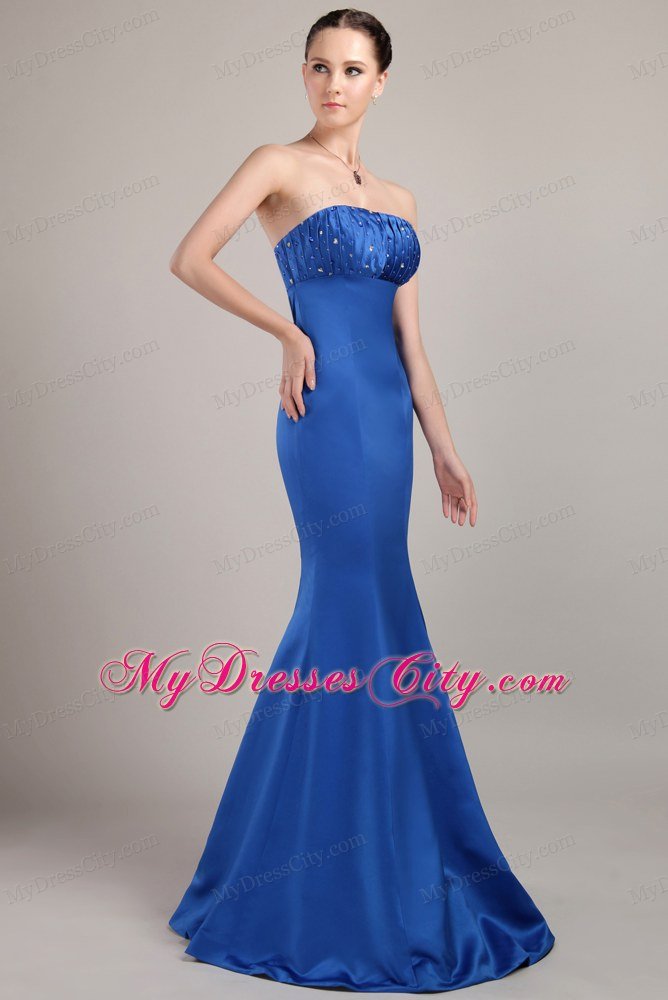 Mermaid Blue Strapless Prom Dress Floor-length Satin Beading