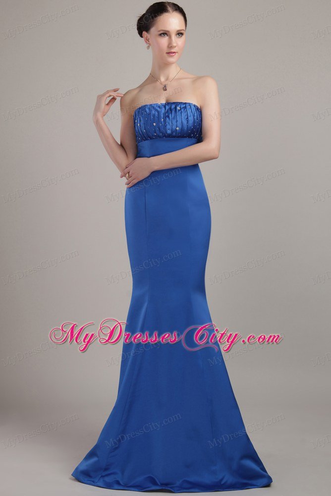 Mermaid Blue Strapless Prom Dress Floor-length Satin Beading