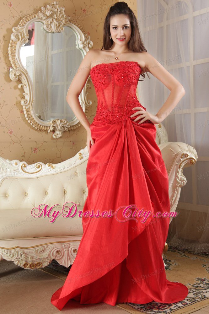 With Brush Train Red A-line Strapless Prom Dress Taffeta Lace