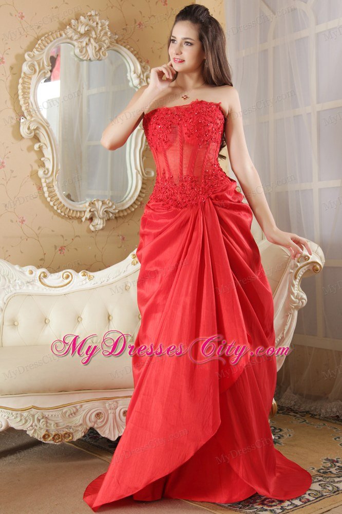 With Brush Train Red A-line Strapless Prom Dress Taffeta Lace