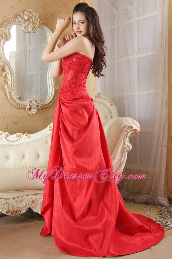 With Brush Train Red A-line Strapless Prom Dress Taffeta Lace