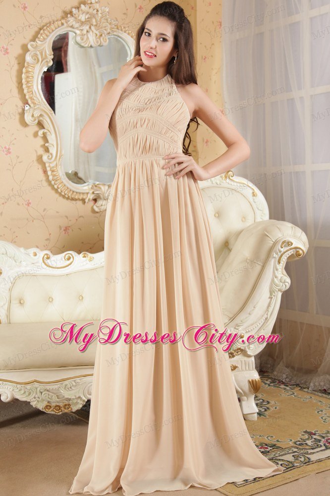 Halter Prom Dress Champagne Empire Chiffon Ruche Brush Train