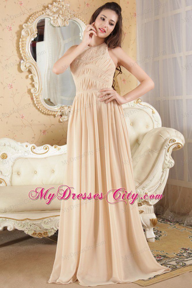 Halter Prom Dress Champagne Empire Chiffon Ruche Brush Train