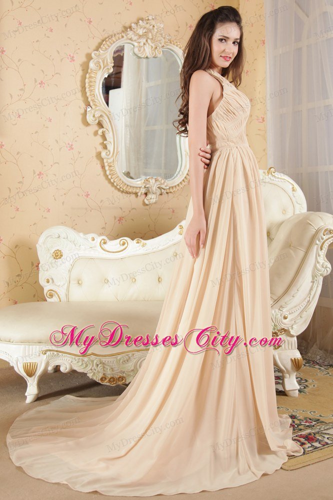 Halter Prom Dress Champagne Empire Chiffon Ruche Brush Train