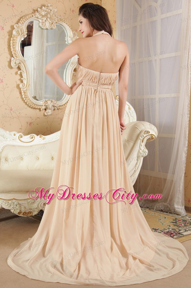 Halter Prom Dress Champagne Empire Chiffon Ruche Brush Train