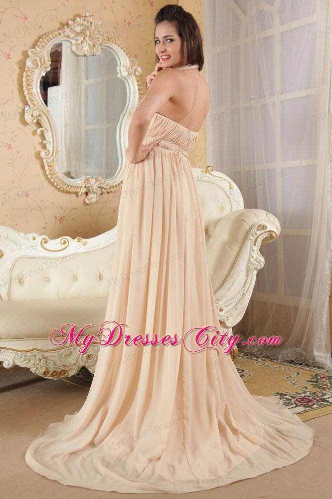 Halter Prom Dress Champagne Empire Chiffon Ruche Brush Train