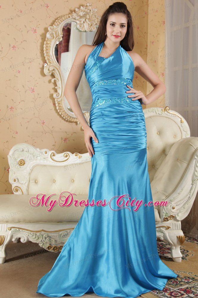 Halter Aqua Blue Column Prom Dress Sequins Brush Train Zipper-up