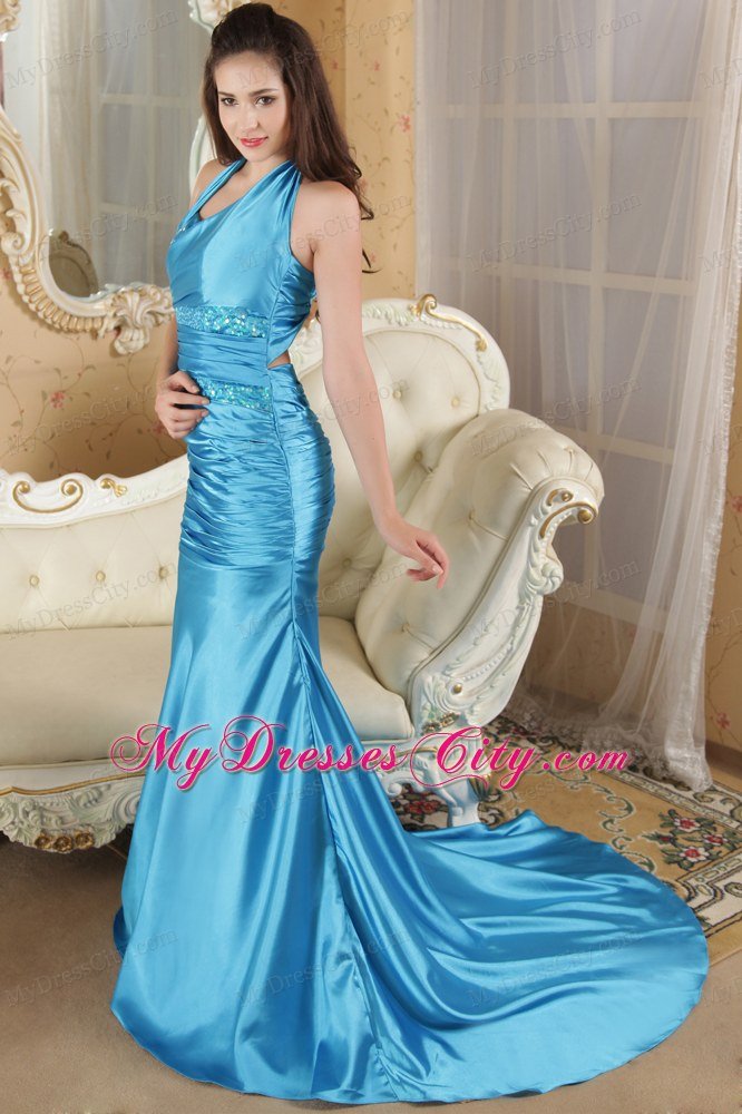 Halter Aqua Blue Column Prom Dress Sequins Brush Train Zipper-up